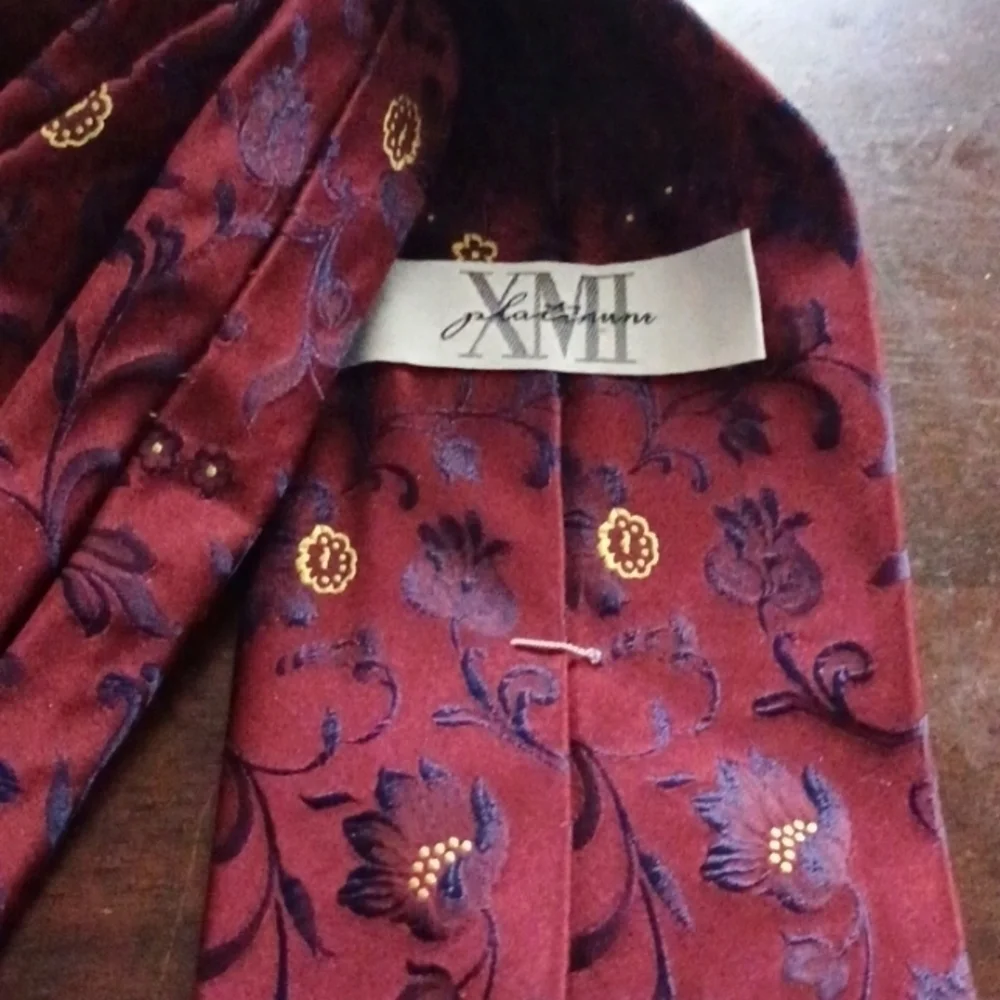 XMI PLATINUM Burgundy, Blue & Yellow Floral Silk Necktie
